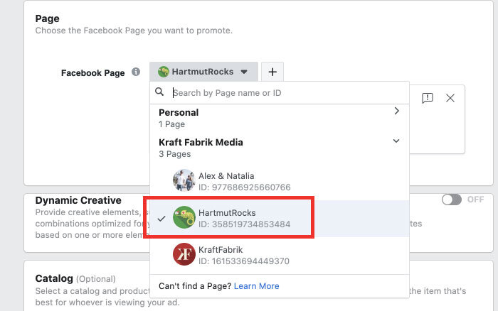 Facebook Lead-Ads - Facebook-Page auswählen